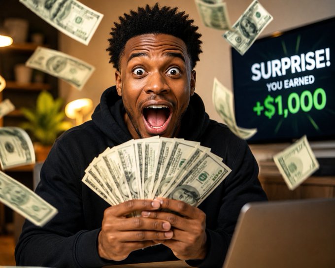 The image features a man sitting at his computer desk, with several stacks of money scattered around him. He appears surprised and overwhelmed as he holds up the money in front of him. In addition to the man and his stacks of money, there is also an advertisement for a product or service that seems relevant to the content being displayed on the screen.