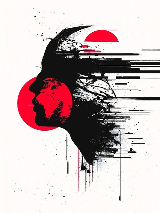 A glitch-style digital artwork features a black silhouette of a profile with fragmented, pixelated streaks trailing outward, accented by bold red circular elements—one partially framing the face and another at the top. The abstract, distorted aesthetic aligns with the gritty, digital-art vibe of an NFT auction for "The Last Call" by @damianScott_NFT, with its red and black color palette mirroring the artwork's dramatic, high-tech feel.