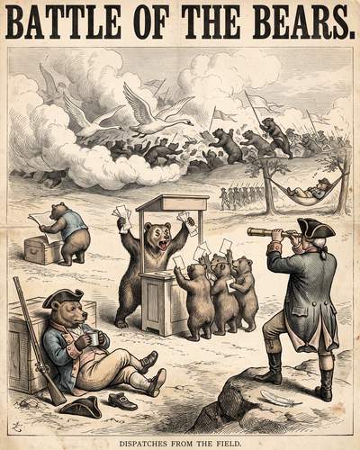 An illustration titled 'BATTLE OF THE BEARS' depicts anthropomorphic bears engaged in various activities in a battlefield setting, including reading a newspaper, casting votes in a ballot box, and looking through a telescope, subtitled 'DISPATCHES FROM THE FIELD.'