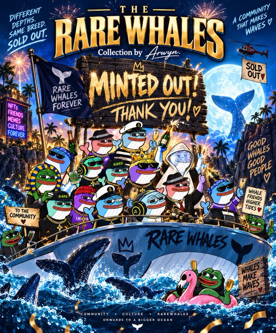 A colorful 'Rare Whales' NFT collection poster titled 'MINTED OUT! THANK YOU!' featuring cartoon whale characters celebrating on a boat at night with fireworks, displayed by Arwyn collection.