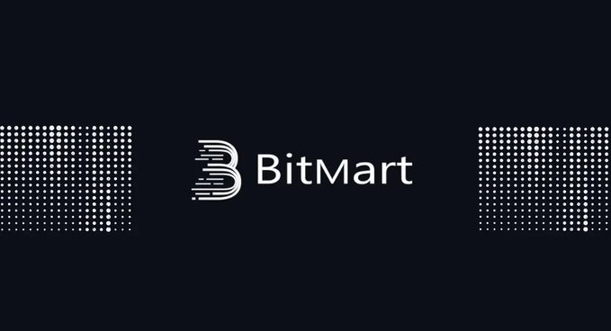 The 'BitMart' logo appears in white on a black background, flanked by grid patterns of fading white dots on either side.
