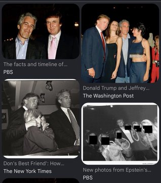 A screenshot of a news app showing articles about PBS, The Washington Post, The New York Times, and PBS, with headlines referencing Donald Trump, Jeffrey Epstein, and Epstein's 'Best Friend'.