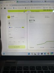 A laptop screen displays a financial dashboard showing $37.7k in revenue and $0 in expenses on a webpage.