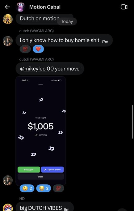 A Discord conversation in 'Motion Cabal' shows user 'dutch (WAGMI ARC)' saying 'i only know how to buy homie shit' and tagging '@mikeyleo_00', alongside a screenshot of a $1,005 MOTION token purchase.