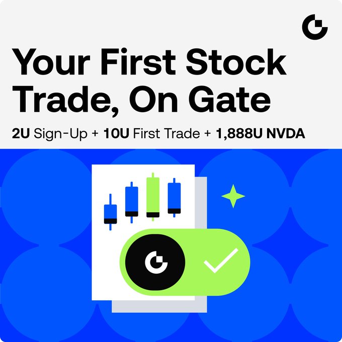 The image is a promotional graphic for Gate.com's stock trading promotion, titled "Your First Stock Trade, On Gate," offering 2U sign-up bonus, 10U first trade bonus, and 1,888U NVDA (Nvidia) shares, featuring candlestick chart graphics and a green toggle button. The promotional offer visually complements the post's announcement about making a first stock trade on Gate Stocks.