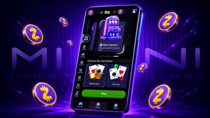 A promotional image of a mobile phone displaying a casino gaming app interface with 'Mini Games' and a 'Play' button for Blackjack and Hi-Low, surrounded by floating gold coins with rabbit logos on a purple background.