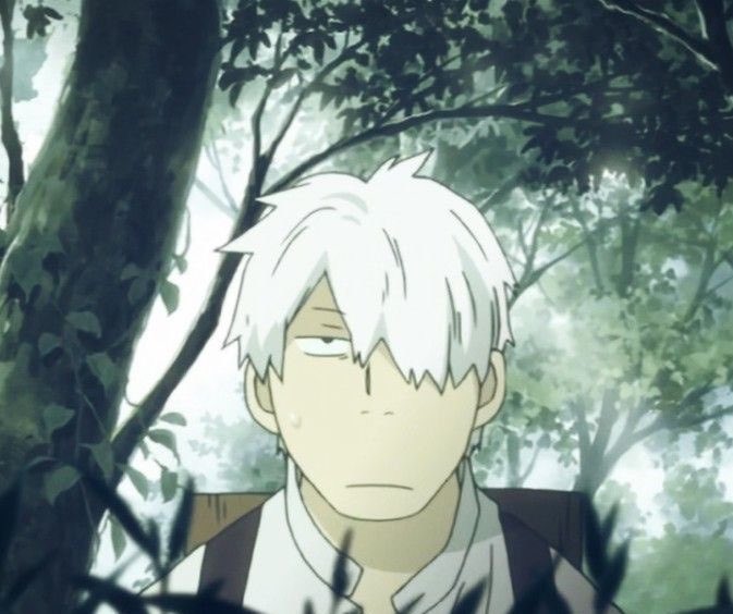 An anime scene showing a young man with white hair and a tired expression in a forest setting.