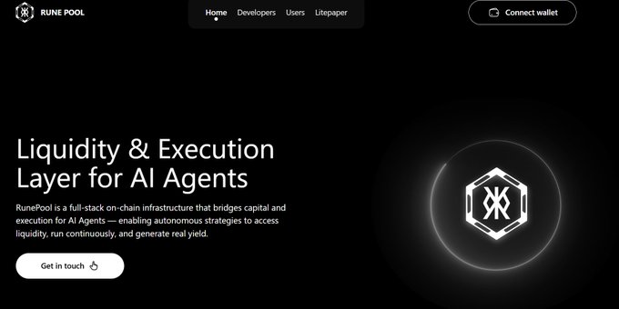 Screenshot of the RunePool website featuring a dark background with a hexagonal logo and the tagline 'Liquidity & Execution Layer for AI Agents.'