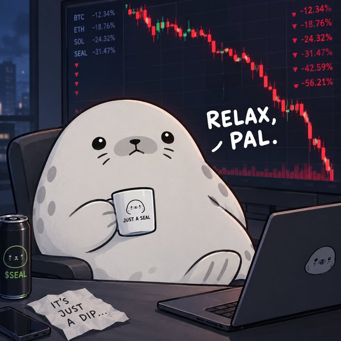 A cartoon seal character holds a mug labeled 'JUST A SEAL' in front of a cryptocurrency chart showing steep declines, with text reading 'RELAX, PAL.' and a note saying 'It's just a dip...'