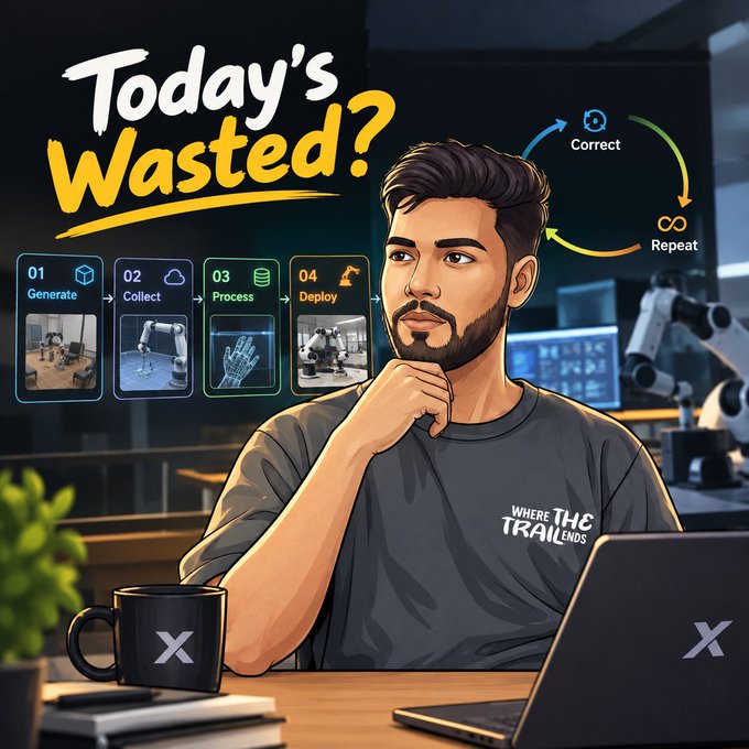 A digital illustration of a bearded man at a desk with a laptop, accompanied by the text 'Today's Wasted?' and a four-step process graphic showing '01 Generate', '02 Collect', '03 Process', and '04 Deploy', with 'Correct' and 'Repeat' cycle arrows nearby.