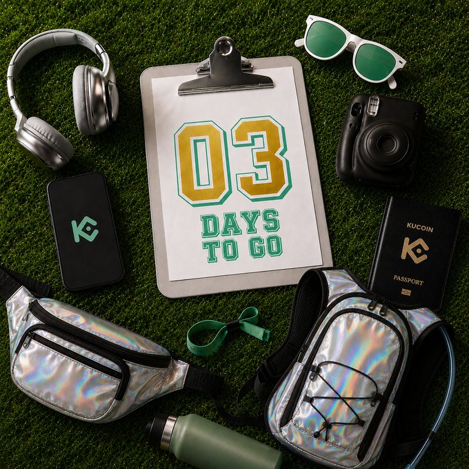 The image shows a countdown clipboard reading "03 DAYS TO GO" surrounded by travel essentials and KuCoin-branded accessories like a passport holder, power bank, and fanny pack, capturing the pre-trip excitement. The festival-themed countdown ties perfectly into the post's message of building anticipation for upcoming celebrations and travel adventures.