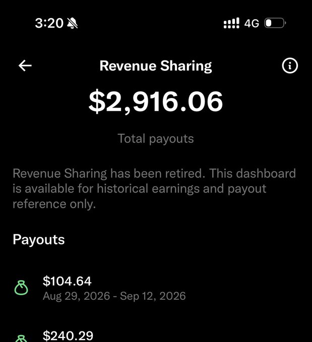 A mobile screenshot of a 'Revenue Sharing' dashboard showing '$2,916.06 Total payouts' with a note that 'Revenue Sharing has been retired', displaying payout entries including '$104.64' and '$240.29'.