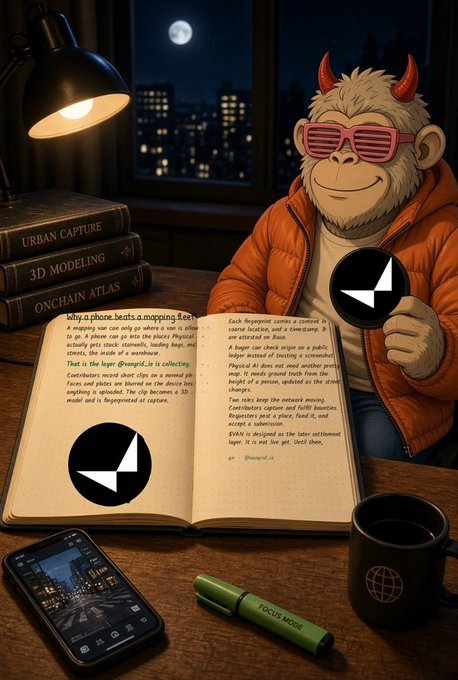 An illustration of a furry, horned monkey character wearing pink shutter shades and an orange puffer jacket, holding a circular token with the Avalanche (AVAX) logo, seated at a desk with an open book featuring the same logo.