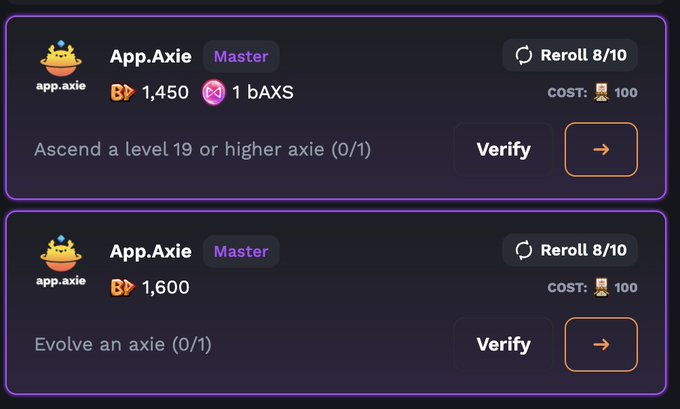 A screenshot of cryptocurrency tasks from 'App.Axie' showing missions to 'Ascend a level 19 or higher axie' and 'Evolve an axie', with reward values of 1,450/1,600 and costs of 100.