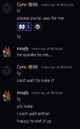 A Discord chat shows "Cyro" asking someone named "mogly" to pump $PS, but mogly responds that Cyro is a scammer ("he speaks to me...") and asks him to "plz nuke" the token so they can profit from its collapse, referencing the earlier abstract chain kitty scam and Cyro's conflict with "fugly."