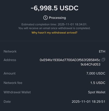 A withdrawal status screen showing -6,998.5 USDC processing, expected to complete at 2025-11-01 18:34:01, with details: ETH network, address 0xE94fa1930Ad7700AD3f563f2B5845c...9c64CFd053, amount 7,000 USDC, network fee 1.5 USDC, sent to Spot Wallet at 2025-11-01 18:29:51.