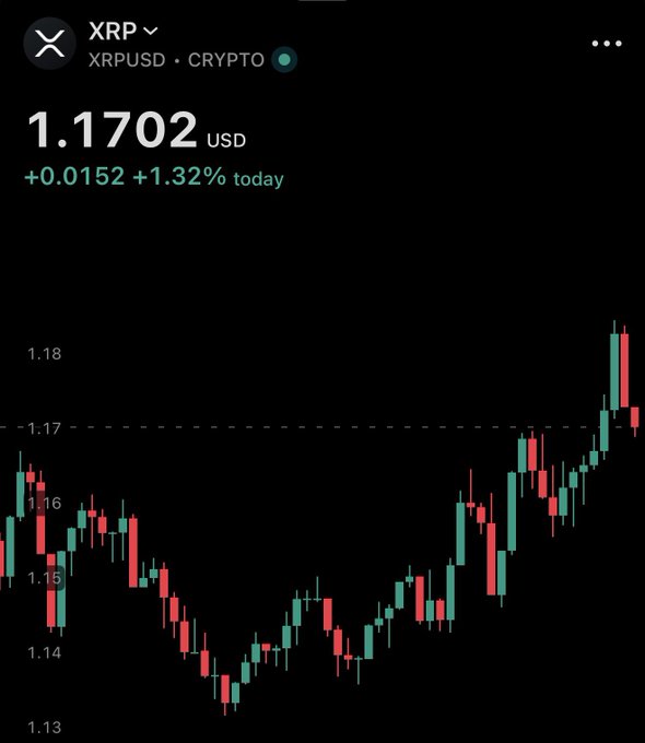 The image shows a stock chart with Bitcoin prices displayed, indicating that Bitcoin has been trading at $1,171.82 US dollars per Bitcoin. The chart also displays a green line representing the XRP token's value of 1.17 US dollars per token. This information suggests that there is a significant increase in the price of Bitcoin and XRP over time.