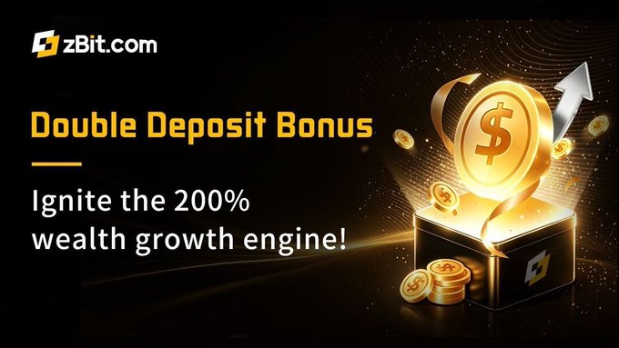 The image is a promotional banner for zBit.com advertising a "Double Deposit Bonus" campaign with the tagline "Ignite the 200% wealth growth engine!" It features a 3D rendered golden coin with a dollar sign emerging from a black treasure box, accompanied by a rising arrow, symbolizing financial growth. The visual reinforces the post's message about zBit's Recharge Double Carnival, where users can earn rewards like $50 bonuses for accumulating 10 recharge points (earned at $1 USD = 1 point).