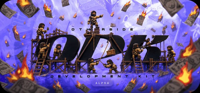 A promotional graphic shows small cartoon figures working on large letters that spell 'OPZ', surrounded by flying money and flames, with text reading 'OTHERSIDE' and 'DEVELOPMENT KIT ALPHA'.