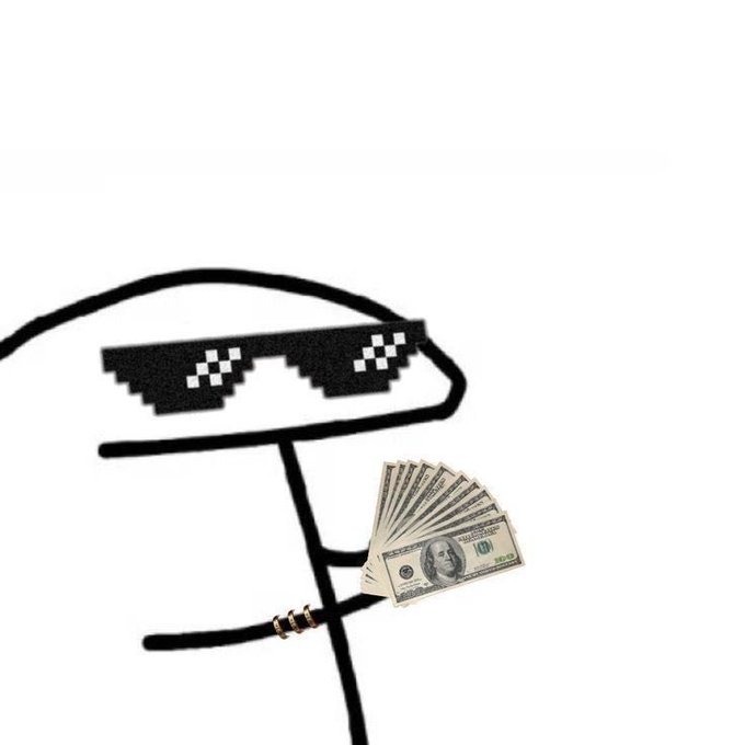 A creative composition featuring pixelated 'thug life' sunglasses on a wire hanger along with a fan of US $100 bills and gold rings, set against a white background.
