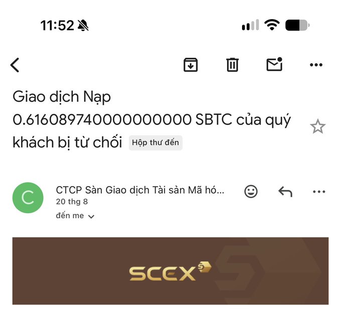 A Gmail notification in Vietnamese about a deposit transaction of 0.61608974000000000000 SBTC being rejected, from 'CTCP Sàn Giao dịch Tài sản Mã hó...' on August 20, with a SCEX banner.