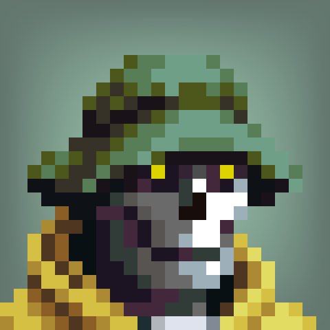 A pixel art portrait of a figure with green and dark hair wearing a yellow garment against a teal background.