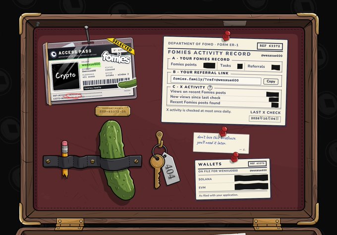 A digital illustration styled as a corkboard displays a 'FOMIES ACTIVITY RECORD' for user 'wiencube600', alongside an access card for 'fomies', a pickle, a key labeled '404', and wallet information.