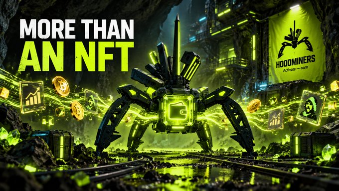 A vibrant digital artwork displays the text 'MORE THAN AN NFT' alongside a 'HOODMINERS' logo and a neon green robotic figure surrounded by cryptocurrency symbols and charts.