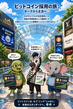 The image shows a cartoon illustration of three animals—a frog, zebra, and elephant—standing in a modern shopping street, with the frog displaying "B 1.00," the zebra showing "B 50," and the elephant holding a "BTC BALANCE SHEET" sign marked "B 1.00." Japanese text at the top reads "ビットコイン採用の旅：ギークから主流へ" (Bitcoin Adoption Journey: From Geeks to the Mainstream), supporting the post's message about Bitcoin's transition from niche tech communities to mainstream acceptance as legal tender and a corporate treasury asset.