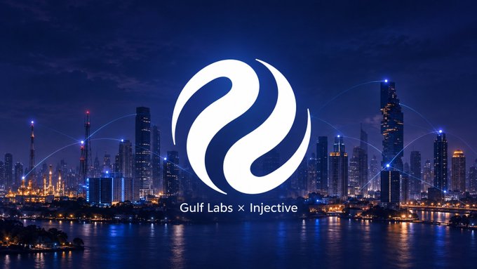 Promotional graphic for 'Gulf Labs x Injective' featuring a white logo over a nighttime city skyline with connected network lines.