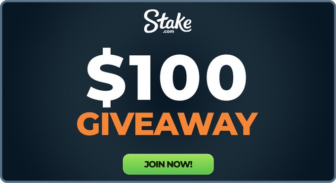 A promotional graphic for Stake.com featuring the text "$100 GIVEAWAY" in bold white and orange lettering above a green "JOIN NOW!" button, directly illustrating the contest announcement calling for followers, retweets, and tagged friends.