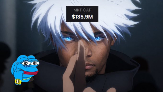 An anime-style character with white hair and blue eyes holds up two fingers in a thoughtful pose, with a Pepe the Frog meme in the corner and an overlay reading "MKT CAP $135.9M," likely referencing a crypto project's market capitalization in the context of the onchain activity updates.