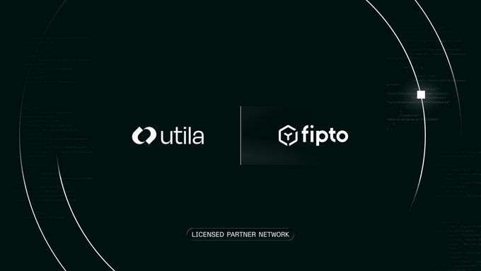 A dark graphic displaying 'utila' and 'fipto' logos side by side with 'LICENSED PARTNER NETWORK' text at the bottom, indicating a business partnership announcement.