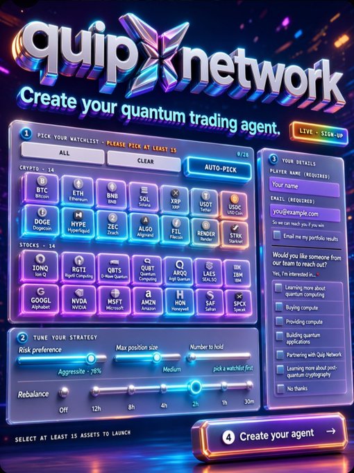 Vibrant app interface screenshot for 'quipXnetwork' showing a sign-up page to 'Create your quantum trading agent' with watchlist selections of cryptocurrencies and stocks, and strategy tuning sliders.