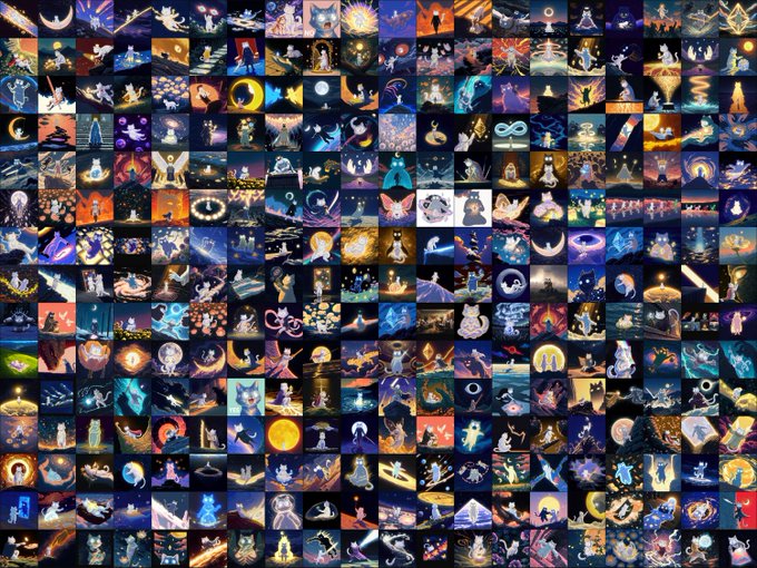 A dense collage of hundreds of small, mystical/spiritual-themed illustrations featuring moons, figures meditating, crystals, and ethereal artwork in predominantly dark and cosmic tones.