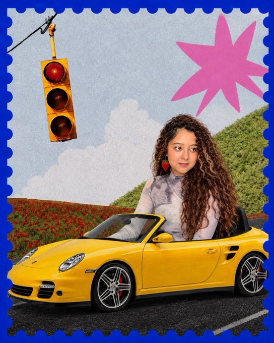 A surreal photo collage designed like a stamp, showing a woman with curly hair emerging from a yellow Porsche convertible against a landscape with a traffic light and a pink star.
