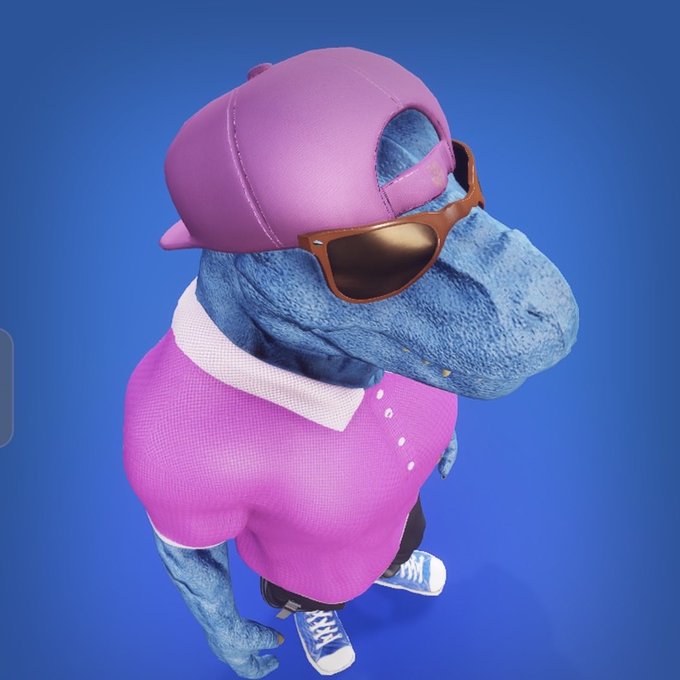 A blue dinosaur character wearing a pink polo shirt, pink baseball cap, and sunglasses, sitting on what appears to be a small bicycle against a blue background.