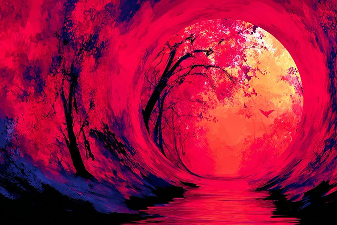 Vibrant digital artwork depicting silhouetted trees framing a glowing red and orange sunset or portal reflected on water.