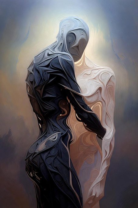 A digital painting of two abstract humanoid figures, one in dark metallic tones and the other in flowing light tones, leaning together.