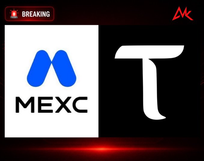 A 'BREAKING' news graphic showing the MEXC exchange logo alongside a large 'T' logo on a black background.