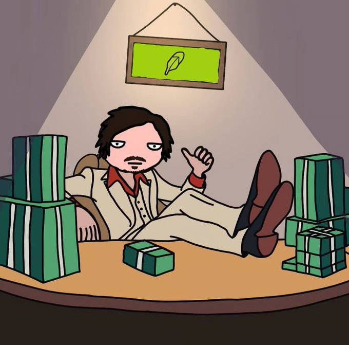 A cartoon drawing of a man with brown hair, wearing a white suit and red shirt, lounging on a brown sofa with his feet up, surrounded by stacks of green money and a smaller stack on a table in front of him, under a framed green picture.