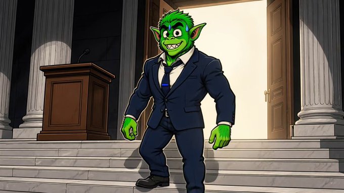A cartoon illustration of a green, goblin-like character wearing a blue suit and tie, standing on stone steps in front of a wooden podium.