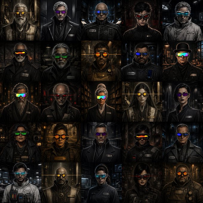 A grid of 25 cyberpunk-style character portraits featuring diverse individuals wearing futuristic tactical gear and glowing colorful sunglasses or visors.