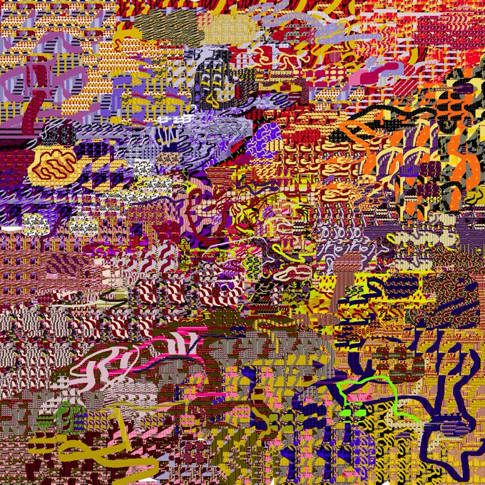 An intricate, densely textured abstract composition featuring swirling patterns, bright colors, and layered graphic elements.