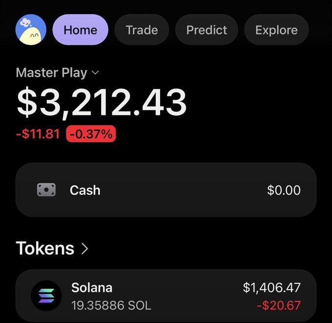 A mobile app interface showing a portfolio labeled 'Master Play' with a balance of $3,212.43 (down 0.37% / -$11.81), including a Cash section at $0.00 and a Tokens section showing Solana (SOL) at $1,406.47.