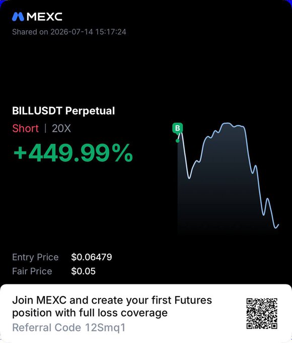 A MEXC Futures trading screenshot shows a **+449.99% profit** on a Short position for **BILLUSDT Perpetual** with 20X leverage, entered at $0.06479 with a fair price of $0.05, supporting the poster's boast about their successful "$Bill" trade.
