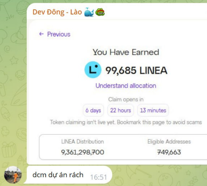 A screenshot showing a token allocation page with the text "Dev Động - Lào", displaying "You Have Earned 99,685 LINEA" with a claim countdown timer, noting the LINEA distribution of 9,361,298,700 across 749,663 eligible addresses, and a chat message below reading "dcm dự án rách".