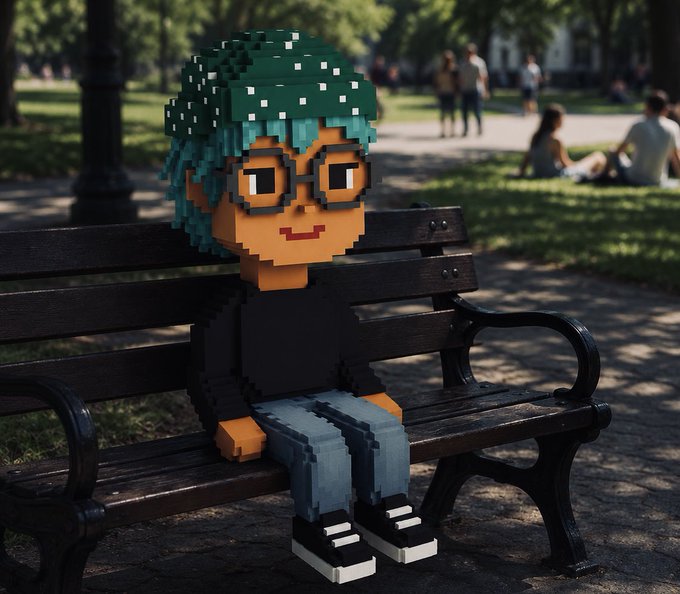A 3D pixel-art style character with teal hair, glasses, and a beanie sitting on a wooden park bench with people relaxing in a grassy park in the blurred background.