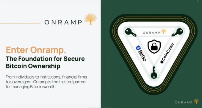 The image shows an Onramp advertisement reading "Enter Onramp. The Foundation for Secure Bitcoin Ownership," featuring partnerships with BitGo and CoinCover, illustrating it as a trusted Bitcoin wealth management service. The graphic ties to the post's discussion on self-custody challenges, suggesting Onramp as a secure institutional-grade alternative for those who may be "over their skis" managing their own Bitcoin wallets.