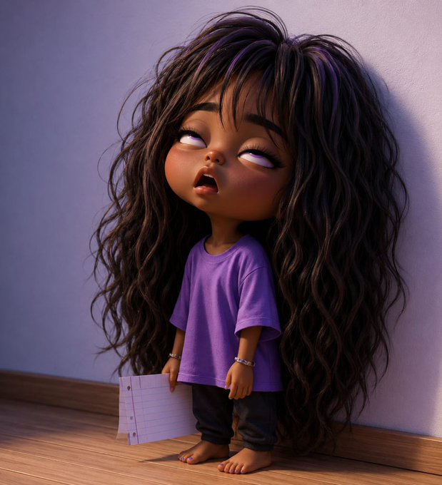 A stylized cartoon girl with long, voluminous dark hair leans sleepily against a lavender wall, her eyes rolling upward and mouth open in an exaggerated yawn, wearing an oversized purple shirt and holding a small notepad. The image visually echoes the post's message about struggling with consistency, portraying the weariness and tiredness that comes with the daily effort of staying disciplined.